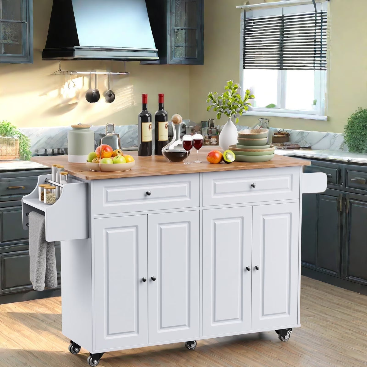 Lofka 52 - Inch Kitchen Island with Storage on Wheels with Wood Drop Leaf, Ideal for Small Kitchens